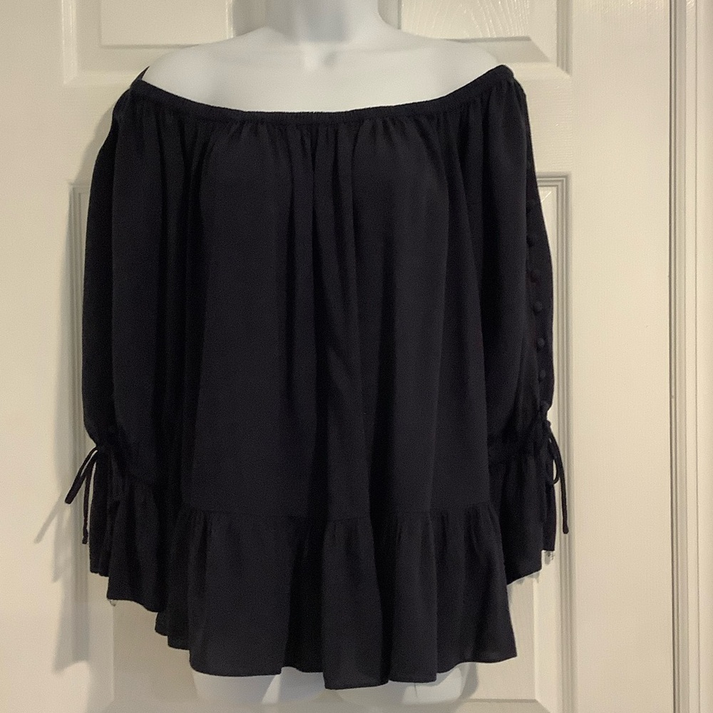 ANN TAYLOR LOFT Navy Off The Shoulder Open Sleeve Ruffled Flowy  Blouse L